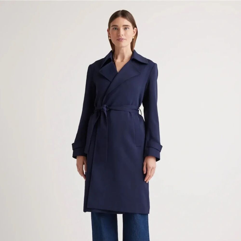 Quince Stretch Crepe Navy Trench Coat with Self Tie Belt M NWOT